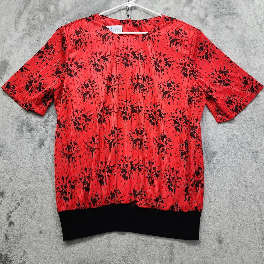 Vintage 80s Top Notch Round Neck Short Sleeve Banded‎ Hem Top Size 22W Red Black